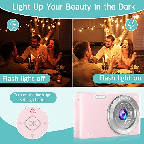 Saneen Digital Camera, FHD 4K & 44MP Kids Video Cameras for Photography with 32GB SD Card 16X Digital Zoom, Compact Point and Shoot Small Camera for Beginners, Kids and Teens-Pink