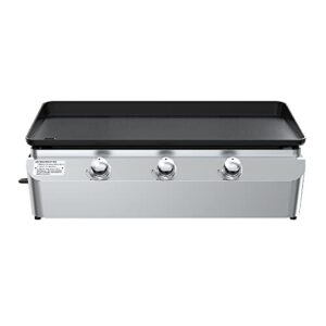 nexgrill premium outdoor cooking griddle grill, 3 burner griddle, 29.52"x15.75" 465sq. in. cast iron griddle, flat top for camping, outdoor, patio, stainless steel griddle with knobs, silver and black