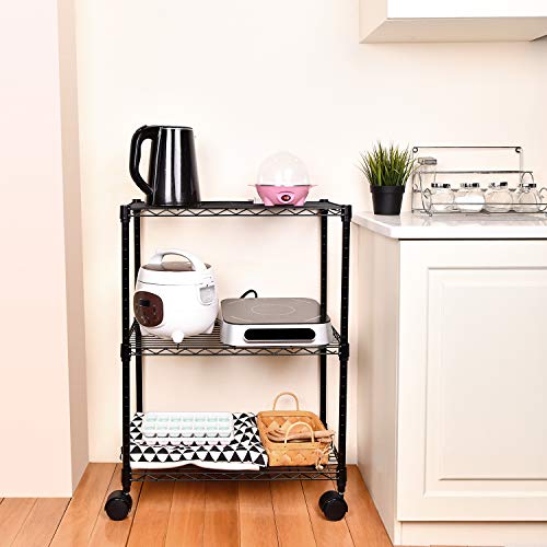 Simple Deluxe Heavy Duty 3-Shelf Shelving with Wheels, Adjustable Storage Units, Steel Organizer Wire Rack, Black