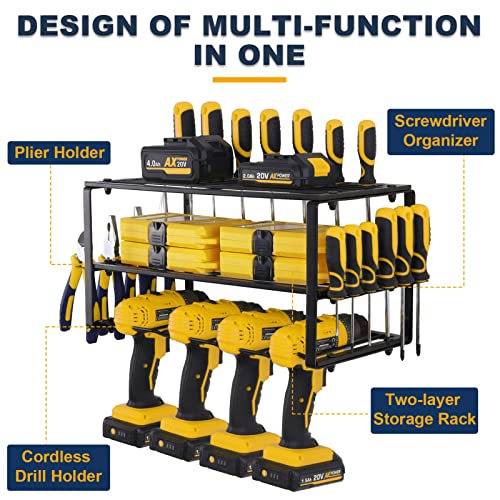 CRAFTFORCE 2 Pack Power Tool Organizer, Wall Mount Drill Holder, Garage Tool Organizers and Storage, Utility Rack for Cordless Drill, 3-Layer Heavy Duty Metal Tool Shelf for Garage Organization