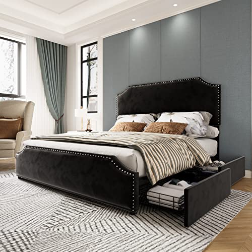 AMERLIFE Queen Size Bed Frame with 4 Storage Drawers and Headboard, Queen Velvet Upholstered Platform Bed with Rivet Curved Adjustable Headboard/Strong Wooden Slats/Easy Assembly/Black, (1060200023)