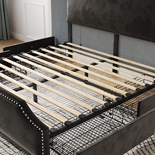 AMERLIFE Queen Size Bed Frame with 4 Storage Drawers and Headboard, Queen Velvet Upholstered Platform Bed with Rivet Curved Adjustable Headboard/Strong Wooden Slats/Easy Assembly/Black, (1060200023)