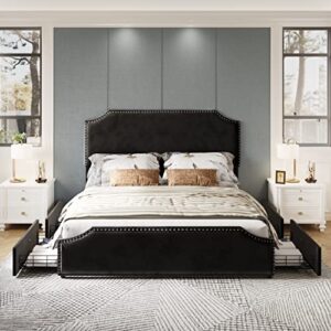 AMERLIFE Queen Size Bed Frame with 4 Storage Drawers and Headboard, Queen Velvet Upholstered Platform Bed with Rivet Curved Adjustable Headboard/Strong Wooden Slats/Easy Assembly/Black, (1060200023)