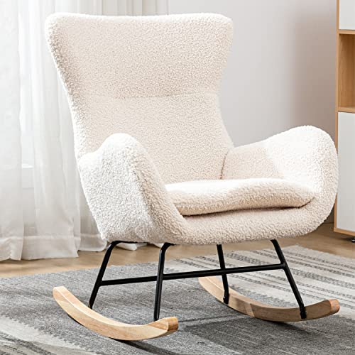 Qtivii Rocker Glider Chair for Nursery, Modern Rocking Chair with High Backrest and Armrests, Comfy Uplostered Accent Chair for Living Room, Bedroom (Beige)