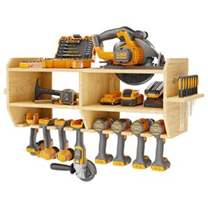 ESPAZZIO Power Tool Organizer Wall Mount w/ Magnetic Holder, Slots - Easy Installation Cordless Drill Storage Wood – Large Capacity Garage Holds Drills, Tools, & More Rack