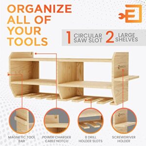 ESPAZZIO Power Tool Organizer Wall Mount w/ Magnetic Holder, Slots - Easy Installation Cordless Drill Storage Wood – Large Capacity Garage Holds Drills, Tools, & More Rack