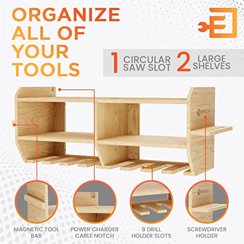 ESPAZZIO Power Tool Organizer Wall Mount w/ Magnetic Holder, Slots - Easy Installation Cordless Drill Storage Wood – Large Capacity Garage Holds Drills, Tools, & More Rack
