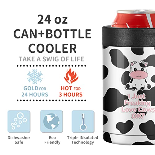 Can Cooler Insulated Skinny Stainless Steel Doucle Freezable Can Cooler Sleeve Hard Seltzer 12 oz Slim Cans Soda Can Cooler （Cow）