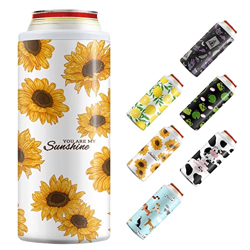 Slim Can Cooler Insulated Skinny Stainless Steel Doucle Freezable Can Cooler Sleeve Hard Seltzer 12 oz Slim Cans （Sunflower）