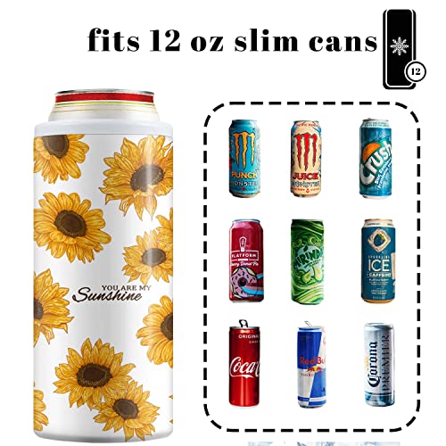 Slim Can Cooler Insulated Skinny Stainless Steel Doucle Freezable Can Cooler Sleeve Hard Seltzer 12 oz Slim Cans （Sunflower）