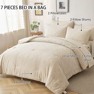 Dobuyly Cream Tufted Comforter Set Queen, 7 Pieces Bed in a Bag Boho Cream Beige Comforter Embroidery Shabby Chic Farmhouse Bedding Set, Soft Breathable Cation Microfiber Comforter Set