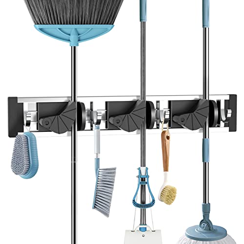 KINGTOP Broom Mop Holder Wall Mount Sturdy Space Aluminum Broom Organizer Rack with Hooks Great for Home Pantry, Kitchen, Garden,Garage & Laundry Tool Storage (3 Racks 4 Hooks Black)