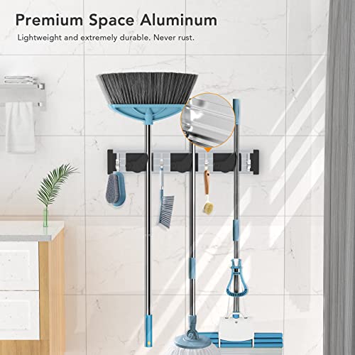KINGTOP Broom Mop Holder Wall Mount Sturdy Space Aluminum Broom Organizer Rack with Hooks Great for Home Pantry, Kitchen, Garden,Garage & Laundry Tool Storage (3 Racks 4 Hooks Black)