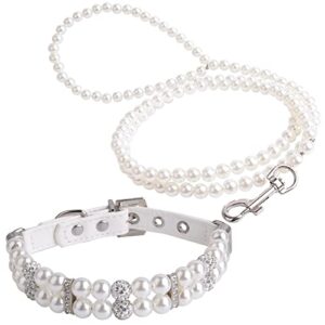cdycam 120cm 4ft custom pearls beaded pet dog cat training walking leash with elegant white peal dog collar