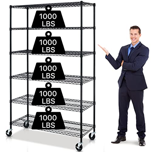 Dkelincs 6 Tier Wire Shelving Unit with Wheels 48" X 18" X 76" Metal Storage Shelves Height Adjustable NSF Heavy Duty Commercial Grade Garage Shelf Rack for Kitchen Basement Restaurant，Black