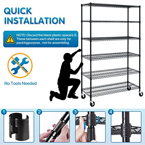 Dkelincs 6 Tier Wire Shelving Unit with Wheels 48" X 18" X 76" Metal Storage Shelves Height Adjustable NSF Heavy Duty Commercial Grade Garage Shelf Rack for Kitchen Basement Restaurant，Black