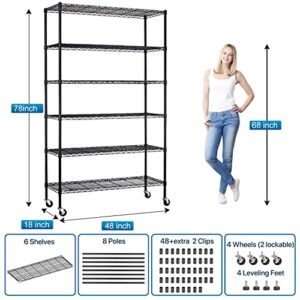 Dkelincs 6 Tier Wire Shelving Unit with Wheels 48" X 18" X 76" Metal Storage Shelves Height Adjustable NSF Heavy Duty Commercial Grade Garage Shelf Rack for Kitchen Basement Restaurant，Black