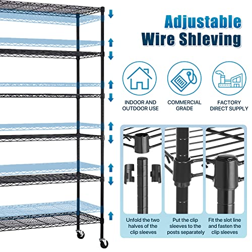 Dkelincs 6 Tier Wire Shelving Unit with Wheels 48" X 18" X 76" Metal Storage Shelves Height Adjustable NSF Heavy Duty Commercial Grade Garage Shelf Rack for Kitchen Basement Restaurant，Black