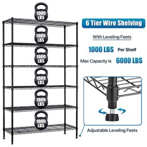 Dkelincs 6 Tier Wire Shelving Unit with Wheels 48" X 18" X 76" Metal Storage Shelves Height Adjustable NSF Heavy Duty Commercial Grade Garage Shelf Rack for Kitchen Basement Restaurant，Black