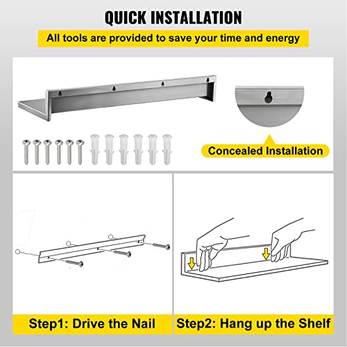 VEVOR Stainless Steel Wall Shelf, 8.6'' x 16'', Max. 44 lbs Load Capacity Heavy-Duty Commercial Wall-Mounted Shelving w/Backsplash for Restaurant, Home, Kitchen, Hotel, Bar, Laundry Room (2 Packs)