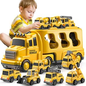 temi construction truck toys cars for toddlers 3-5 - 7-in-1 friction power vehicle toy for 3 4 5 6 year old boys, carrier transport trucks for kids 3-5 years, car toys set for age 3-9 boys & girls