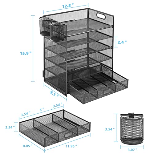 Lavatino 6 Tray Desk Organizer with Drawer, Mesh Paper Letter Tray Organizer with Handle and 2 Pen Holder, Desktop File Organizer and Storage for Letter/A4 Office File Folder