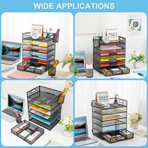 Lavatino 6 Tray Desk Organizer with Drawer, Mesh Paper Letter Tray Organizer with Handle and 2 Pen Holder, Desktop File Organizer and Storage for Letter/A4 Office File Folder