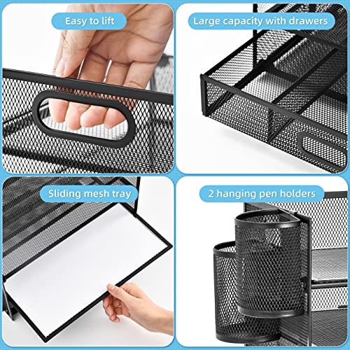Lavatino 6 Tray Desk Organizer with Drawer, Mesh Paper Letter Tray Organizer with Handle and 2 Pen Holder, Desktop File Organizer and Storage for Letter/A4 Office File Folder