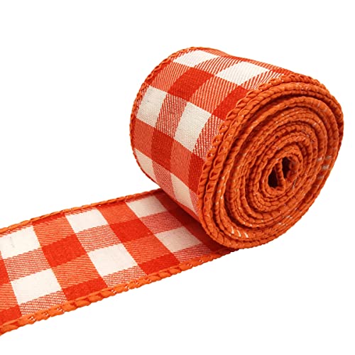 Wired Edge Autumn Buffalo Plaid Ribbon Fabric Burlap Ribbon for DIY Craft Wrapping Thanksgiving Decoration 6.56 Yard (Orange White Gingham 5 cm)