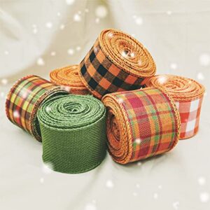 Wired Edge Autumn Buffalo Plaid Ribbon Fabric Burlap Ribbon for DIY Craft Wrapping Thanksgiving Decoration 6.56 Yard (Orange White Gingham 5 cm)