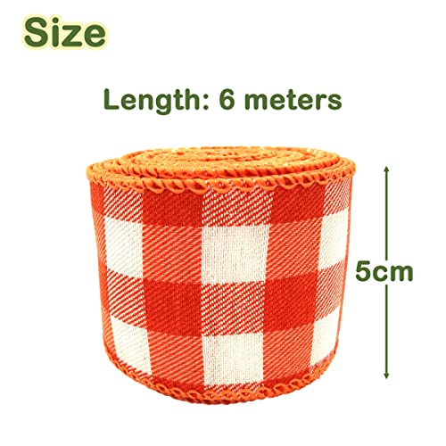 Wired Edge Autumn Buffalo Plaid Ribbon Fabric Burlap Ribbon for DIY Craft Wrapping Thanksgiving Decoration 6.56 Yard (Orange White Gingham 5 cm)