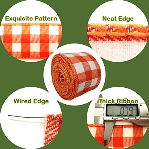 Wired Edge Autumn Buffalo Plaid Ribbon Fabric Burlap Ribbon for DIY Craft Wrapping Thanksgiving Decoration 6.56 Yard (Orange White Gingham 5 cm)