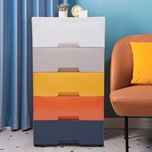 5 drawer plastic drawers dresser storage cabinet stackable vertical clothes storage tower with 4 wheels and spare wheel for hallway entryway(white, gray, yellow, orange, blue)