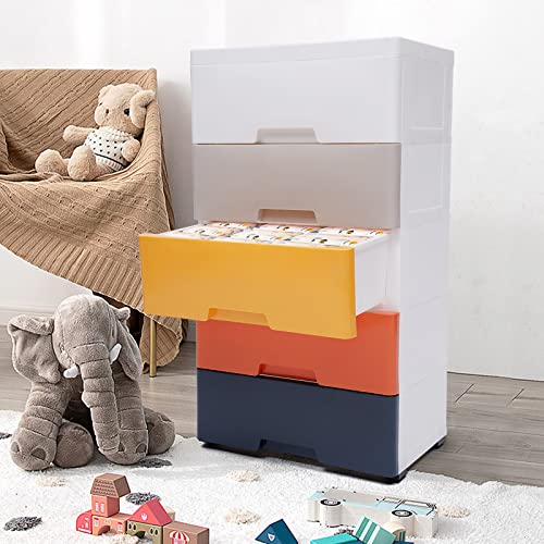 5 Drawer Plastic Drawers Dresser Storage Cabinet Stackable Vertical Clothes Storage Tower with 4 Wheels and Spare Wheel for Hallway Entryway(White, Gray, Yellow, Orange, Blue)