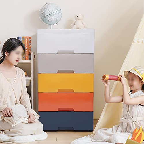 5 Drawer Plastic Drawers Dresser Storage Cabinet Stackable Vertical Clothes Storage Tower with 4 Wheels and Spare Wheel for Hallway Entryway(White, Gray, Yellow, Orange, Blue)