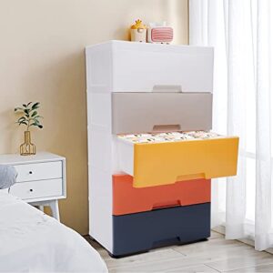 5 Drawer Plastic Drawers Dresser Storage Cabinet Stackable Vertical Clothes Storage Tower with 4 Wheels and Spare Wheel for Hallway Entryway(White, Gray, Yellow, Orange, Blue)