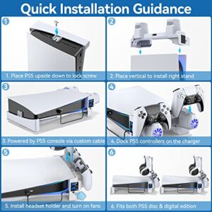 PS5 Horizontal Stand with 3-Level Cooling Fans for Playstation 5 Console, PS5 Accessories Controller Charging Station Fit for PS5 Edge Controller, PS5 Cooling Station with Headset Holder