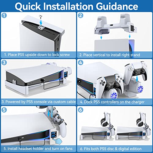 PS5 Horizontal Stand with 3-Level Cooling Fans for Playstation 5 Console, PS5 Accessories Controller Charging Station Fit for PS5 Edge Controller, PS5 Cooling Station with Headset Holder