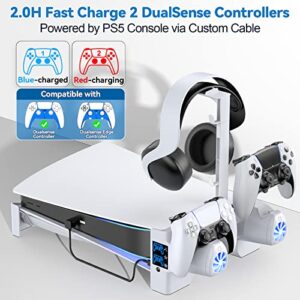 PS5 Horizontal Stand with 3-Level Cooling Fans for Playstation 5 Console, PS5 Accessories Controller Charging Station Fit for PS5 Edge Controller, PS5 Cooling Station with Headset Holder