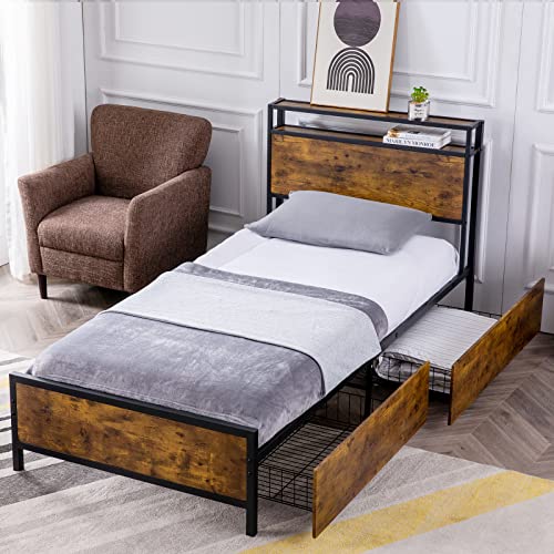 GAZHOME Twin Bed Frame with 2 XL Storage Drawers, Platform Bed Frame with 2-Tier Headboard, Strong Metal Slat Support/No Box Spring Needed/Easy Assembly/Space Saving