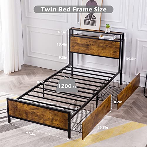 GAZHOME Twin Bed Frame with 2 XL Storage Drawers, Platform Bed Frame with 2-Tier Headboard, Strong Metal Slat Support/No Box Spring Needed/Easy Assembly/Space Saving