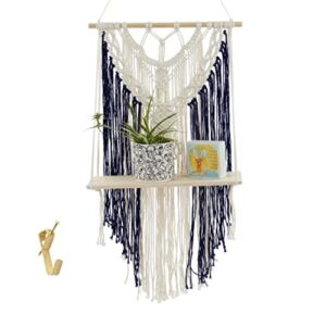 plantersam macrame wall hanging with removable shelf - 100% cotton hanger for indoor plants - aesthetic room decor and hardware included (navy blue)