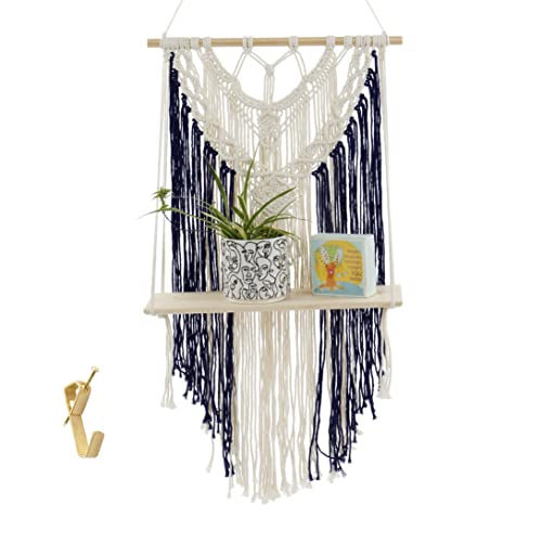 PlanterSam Macrame Wall Hanging with Removable Shelf - 100% Cotton Hanger for Indoor Plants - Aesthetic Room Decor and Hardware Included (Navy Blue)