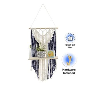 PlanterSam Macrame Wall Hanging with Removable Shelf - 100% Cotton Hanger for Indoor Plants - Aesthetic Room Decor and Hardware Included (Navy Blue)