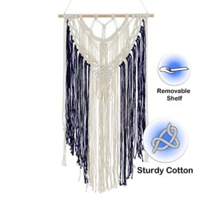 PlanterSam Macrame Wall Hanging with Removable Shelf - 100% Cotton Hanger for Indoor Plants - Aesthetic Room Decor and Hardware Included (Navy Blue)