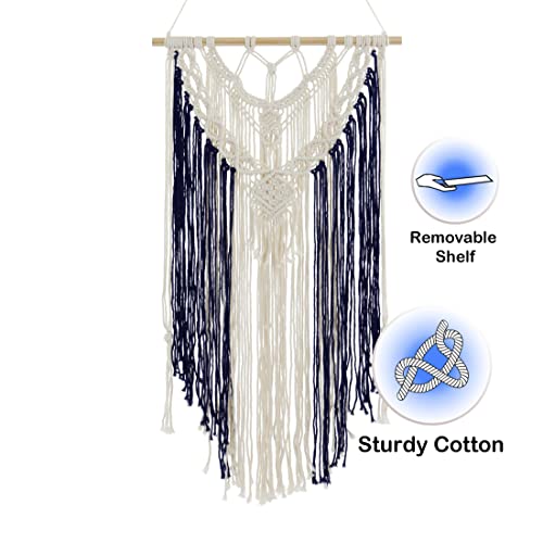 PlanterSam Macrame Wall Hanging with Removable Shelf - 100% Cotton Hanger for Indoor Plants - Aesthetic Room Decor and Hardware Included (Navy Blue)