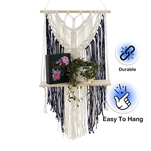 PlanterSam Macrame Wall Hanging with Removable Shelf - 100% Cotton Hanger for Indoor Plants - Aesthetic Room Decor and Hardware Included (Navy Blue)