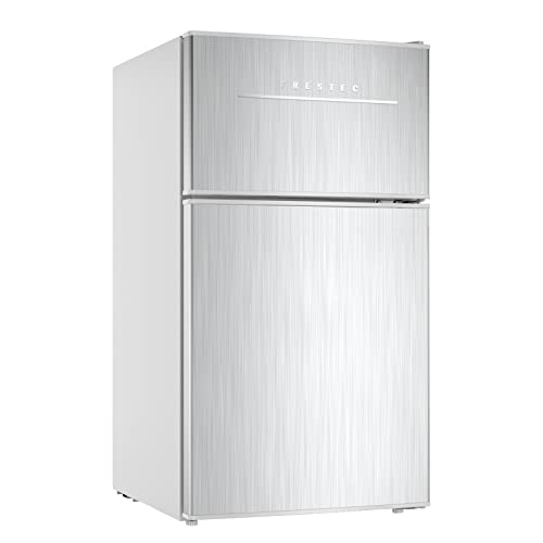 Frestec Mini Fridge with Frezzer,3.2 Cu.Ft Mini Fridge for Bedroom,Small Refrigerators,2 Door Compact Refrigerator 37dB Quiet,7-Settings Mechanical Thermostat,LED Lights for Dorm, Office, Apartment (Sliver)