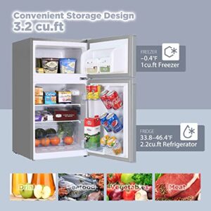 Frestec Mini Fridge with Frezzer,3.2 Cu.Ft Mini Fridge for Bedroom,Small Refrigerators,2 Door Compact Refrigerator 37dB Quiet,7-Settings Mechanical Thermostat,LED Lights for Dorm, Office, Apartment (Sliver)