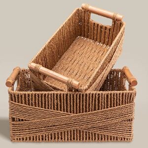 storage basket with handle, large rectangular wicker basket for organizing, decorative wicker storage basket woven basket organizers for living room, set of 2